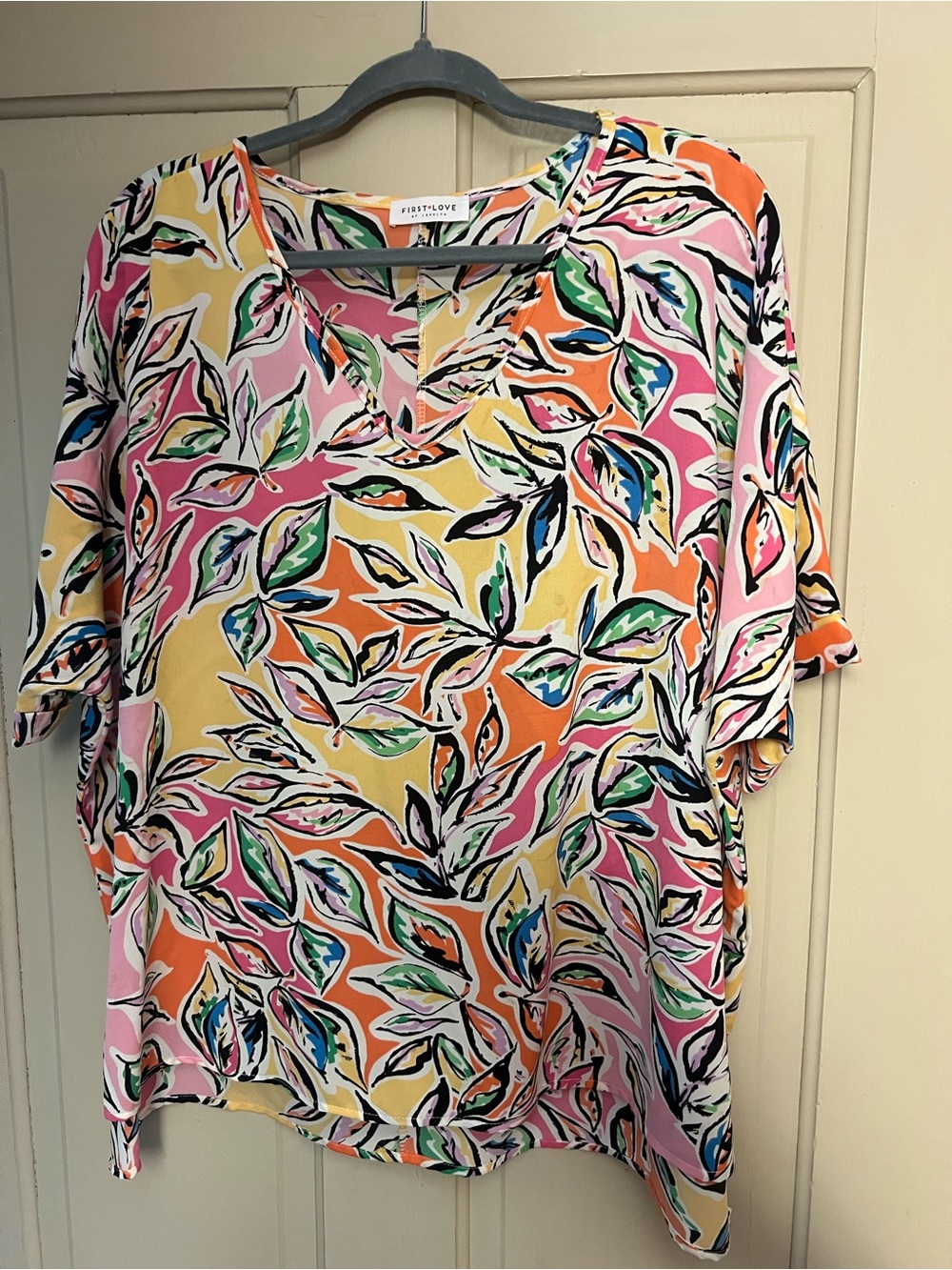 First Love Multicolor Leaf-Print V-Neck Blouse - Pink/Yellow/Orange